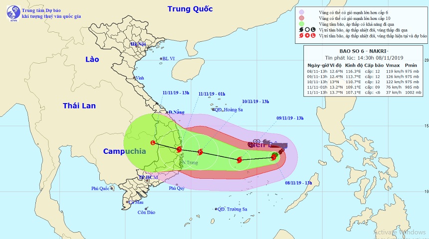 Vị trí và hướng di chuyển tiếp theo của bão số 6 Nakri trên Biển Đông. Ảnh Trung tâm Dự báo KTTVQG.