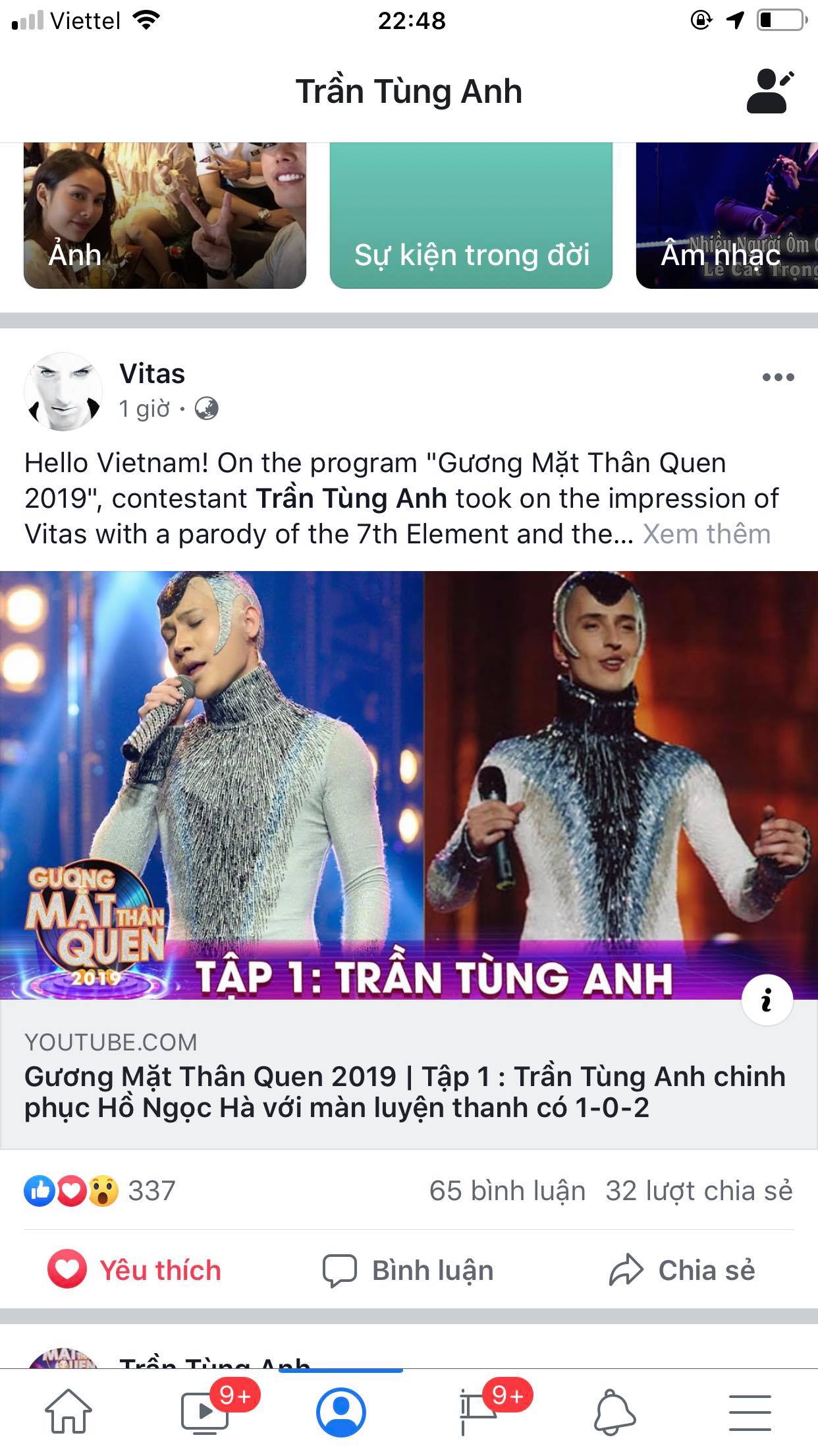 Vitas chia sẻ link phần trình diễn của Trần Tùng Anh và khen ngợi màn hóa thân xuất sắc này.