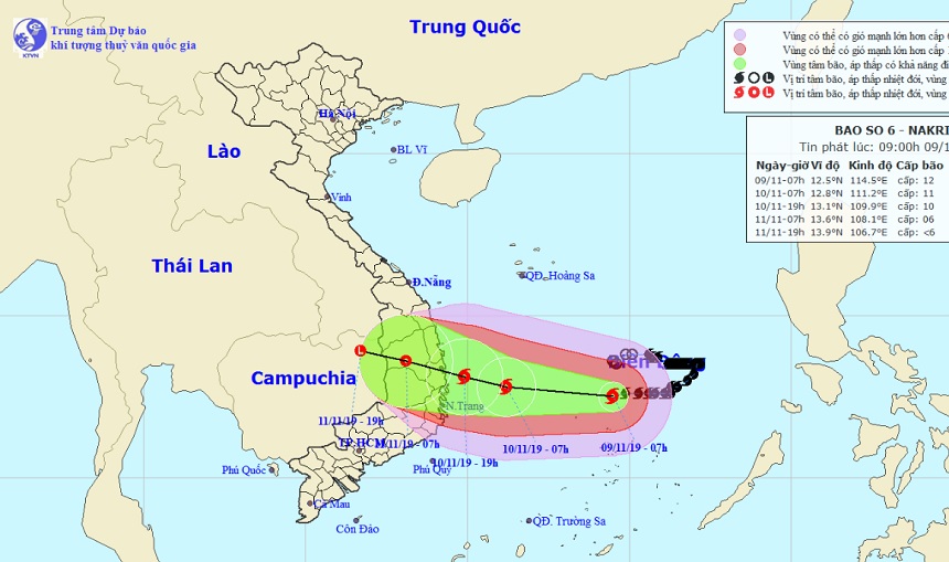Vị trí và hướng di chuyển tiếp theo của bão số 6 Nakri. Ảnh Trung tâm Dự báo KTTVQG.