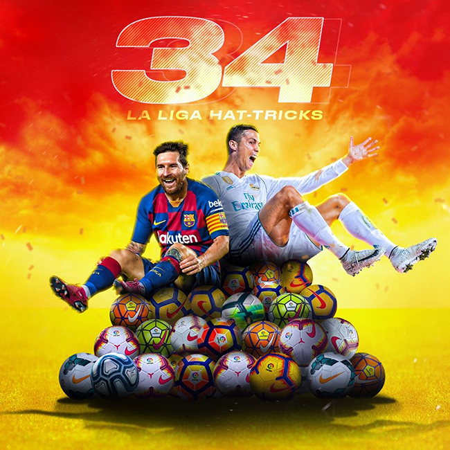 Messi cân bằng 34 cú Hat-trick tại La Liga với Ronaldo.