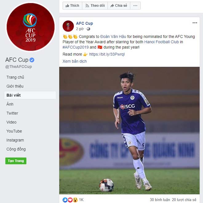 Trang Facebook của AFC đăng tải thông tin Đoàn Văn Hậu được đề cử