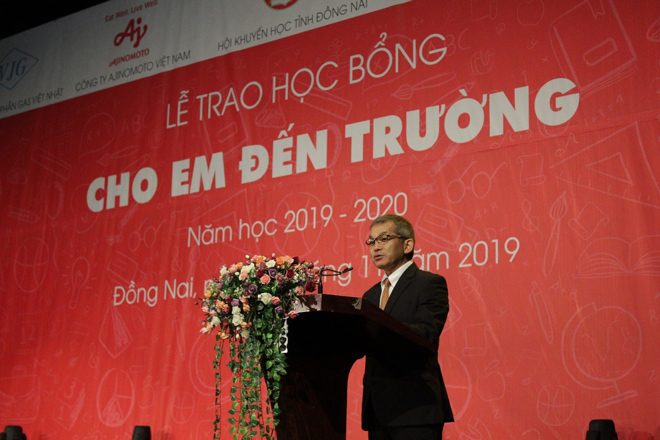 Ông Keiji Kaneko, Tổng Giám đốc Công ty Ajinomoto Việt Nam phát biểu tại Lễ trao học bổng
