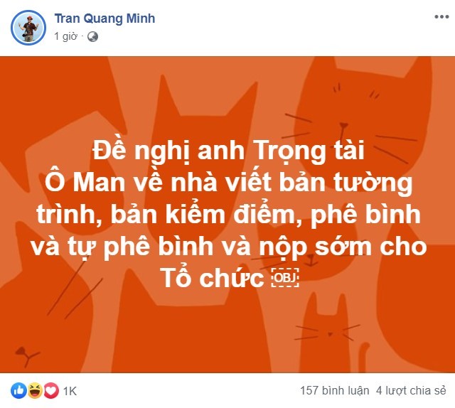 MC Quang Minh ngay lập tức đăng status về trọng tài sau trận đấu