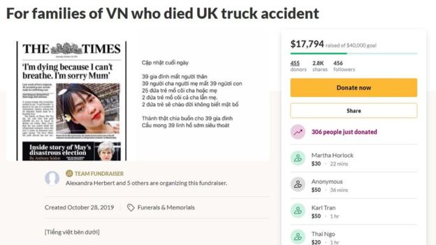 Nhiều nguồn quyên góp đang hướng về gia đình của những nạn nhân xấu số trong vụ 39 người Việt tử vong trong xe container (ảnh: BBC News)