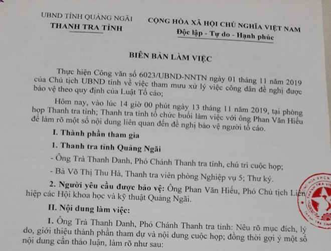 Biên bản làm việc giữa Thanh tra tỉnh Quảng Ngãi và ông Hiếu. Ảnh: TN&nbsp;