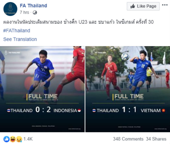 Sau khi LĐBĐ Thái Lan đăng tải kết quả thất vọng của ĐT U22&nbsp;ở trận ra quân SEA Games 30...