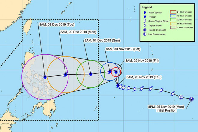 Đường đi dự kiến của bão Kammuri vào Philippines. Ảnh: PAGASA