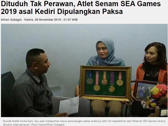 Trang Inews của Indonesia đưa tin về việc nữ VĐV 17 tuổi bị loại khỏi SEA Games vì không còn trong trắng