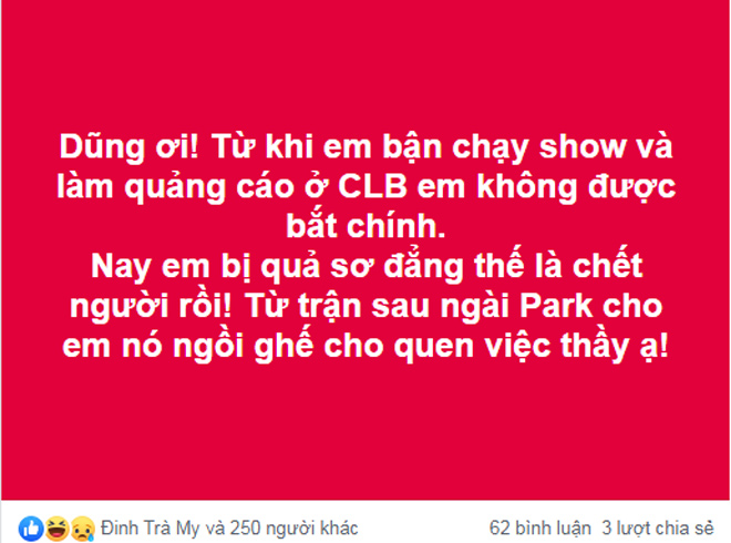 Status của nghệ sĩ hài Vượng Râu về sai lầm của Bùi Tiến Dũng