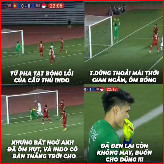 Tình huống thủ môn Bùi Tiến Dũng mắc lỗi dẫn đến bàn thua của U22 Việt Nam.