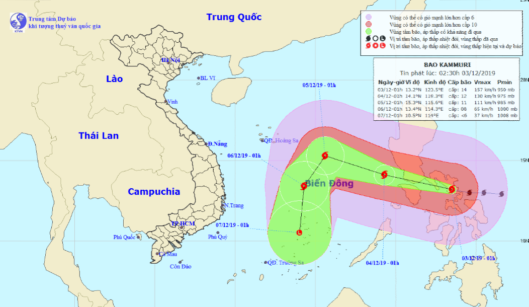 Vị trí và hướng di chuyển tiếp theo của bão Kammuri. Ảnh: Trung tâm Dự báo KTTVQG.