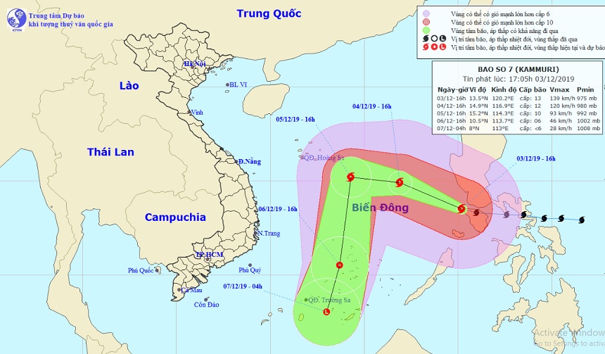 Vị trí và hướng di chuyển tiếp theo của bão số 7 – Kammuri. Ảnh Trung tâm Dự báo KTTVQG.