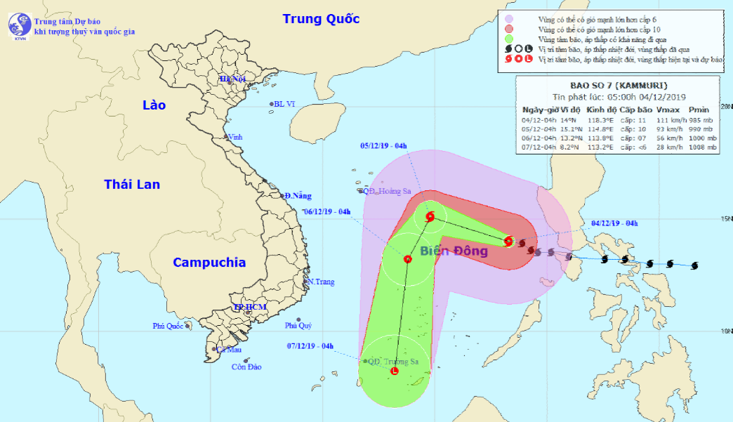 Vị trí và hướng di chuyển tiếp theo của bão số 7 Kammuri trên Biển Đông. Ảnh: Trung tâm Dự báo KTTVQG.