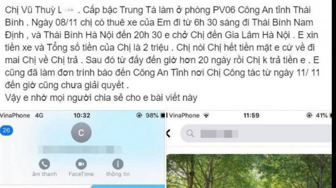 Nội dung tố nữ trung tá "quỵt" tiền xe được anh Hân đăng tải trên trang facebook cá nhân