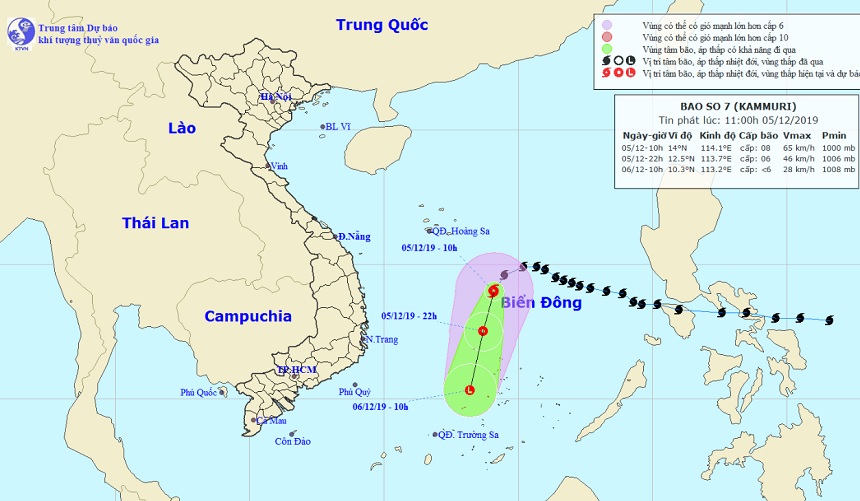 Vị trí và hướng di chuyển tiếp theo của bão số 7 Kamuri trên Biển Đông. Ảnh: Trung tâm Dự báo KTTVQG.