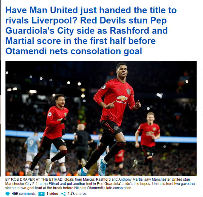 Tờ Daily Mail cho rằng MU gián tiếp giúp đại kình địch Liverpool sớm vô địch giải Ngoại hạng Anh mùa này khi "Quỷ đỏ" vừa thắng Man City ở trận derby thành Manchester