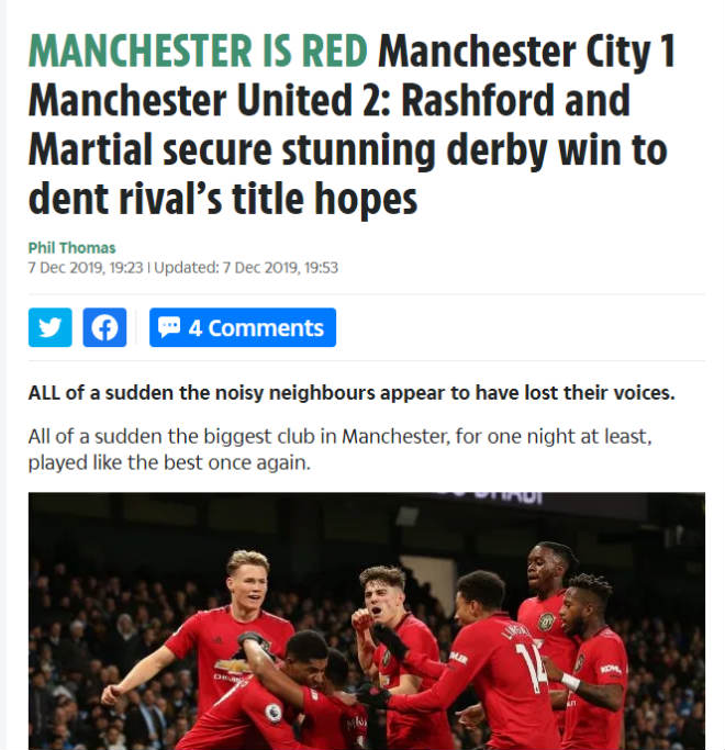 Tờ The Sun cho rằng MU đã nhuộm đỏ cả thành Manchester sau thắng lợi khi làm khách của Man City