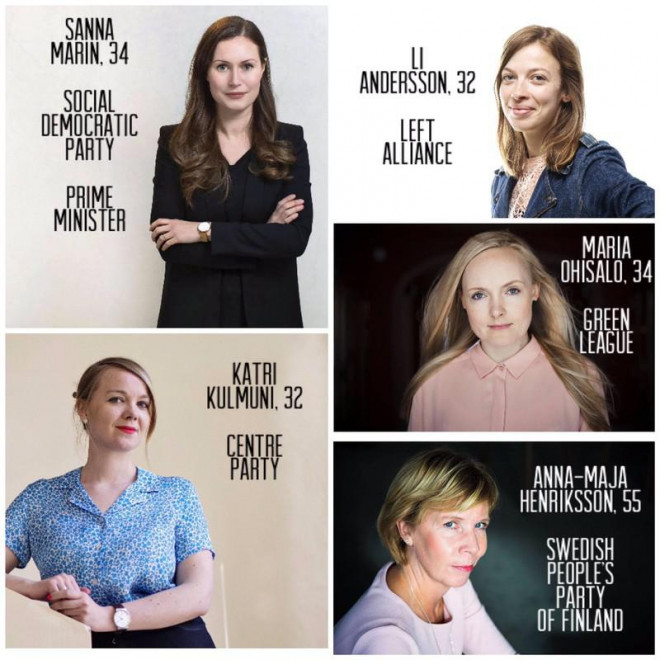 Năm nữ lãnh đạo của 5 liên minh cầm quyền trong chính phủ Phần Lan, người trẻ nhất mới 32 tuổi. Ảnh: Twitter