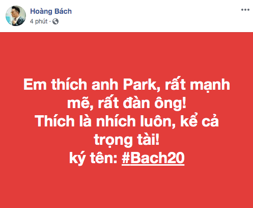 Hoàng Bách dự đoán tỷ số 2-0 nghiêng về VN ngay sau khi hiệp 1 kết thúc. Anh đặc biệt ca ngợi tính cách rất đàn ông của HLV Park.