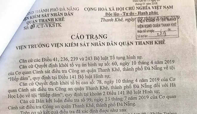 Cáo trạng của VKSND quận Thanh Khê truy tố L.