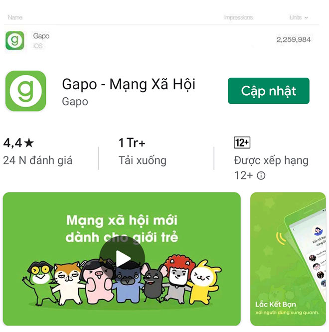 Gapo đạt 1 triệu lượt tải trên CHplay và hơn 2 triệu lượt tải trên App store