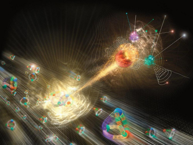 Minh họa cảnh các hạt Higgs phun trào sau một vụ va chạm giữa các proton. Đồ họa: Moonrunner Design.