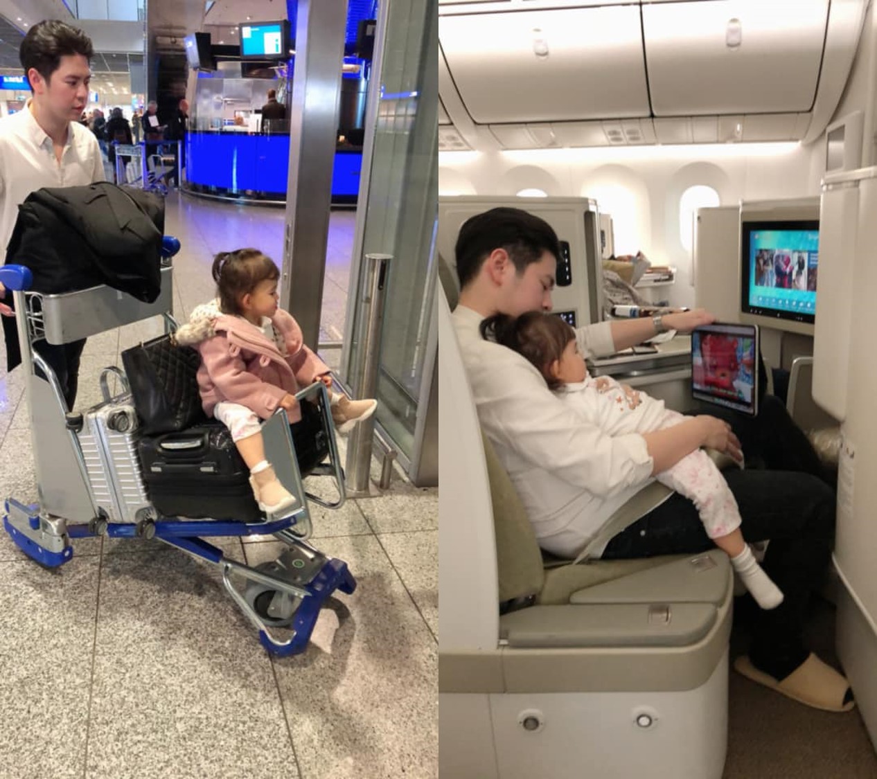 Mai Hồ chia sẻ ảnh ông xã chăm sóc con gái trên suốt chuyến bay.