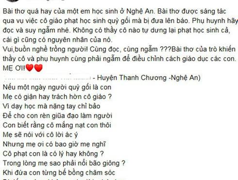 Bài thơ "MẸ ƠI" của học sinh Nghệ An được đăng tải trên mạng xã hội.