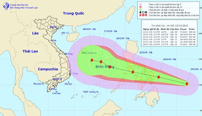 Vị trí và hướng di chuyển tiếp theo của bão Phanfone ngoài khơi Thái Bình Dương. Ảnh: Trung tâm Dự báo KTTVQG.