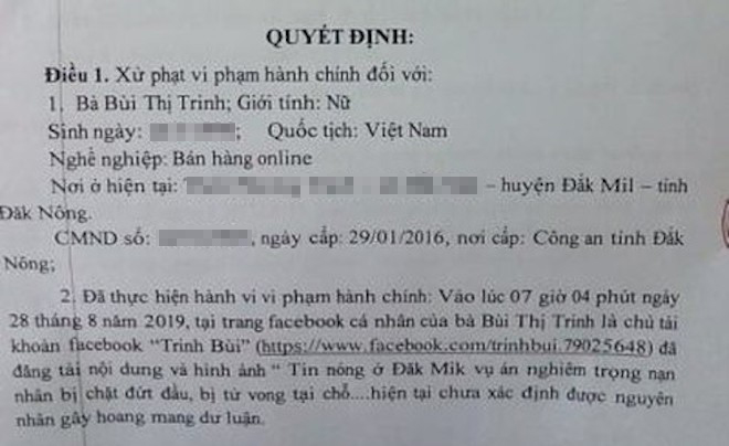 Biên bản xử phạt Bùi Thị Trinh về việc phát tán thông tin sai sự thật.