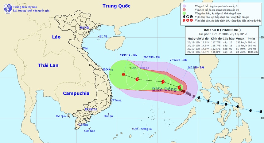 Vị trí và hướng di chuyển tiếp theo của bão số 8 Phanfone. Ảnh: Trung tâm Dự báo KTTVQG.