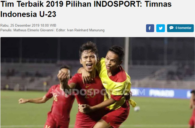 Tờ Indosport bình chọn U22 Indonesia là "Đội bóng xuất sắc nhất năm 2019"