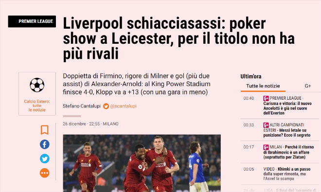 La Gazetta dello Sport coi Liverpool là máy nghiền đá sẵn sàng nghiền nát bất cứ đối thủ nào cản bước họ đăng quang chức vô địch Premier League mùa này