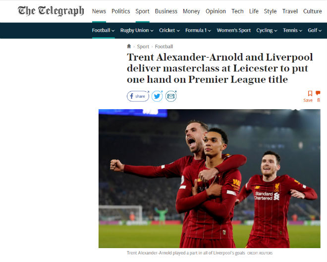 Tờ Telegraph cho rằng Liverpool đã chạm một tay vào chức vô địch giải Ngoại hạng Anh mùa này