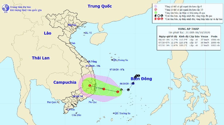 Vị trí và hướng di chuyển tiếp theo của vùng áp thấp trên Biển Đông. Ảnh Trung tâm Dự báo KTTVQG.