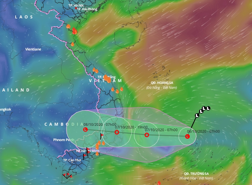 Vị trí và hướng di chuyển tiếp theo của vùng áp thấp trên Biển Đông. Ảnh Trung tâm Dự báo KTTVQG.
