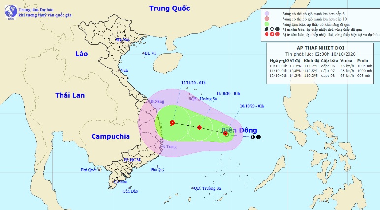 Vị trí và hướng di chuyển tiếp theo của áp thấp nhiệt đới. Ảnh: Trung tâm Dự báo KTTVQG.