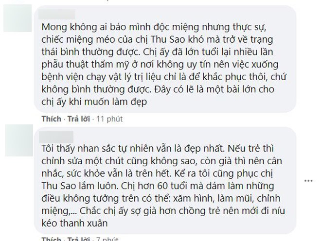 Một số người suy đoán chị Thu Sao khó mà phục hồi nhan sắc (Ảnh chụp màn hình)