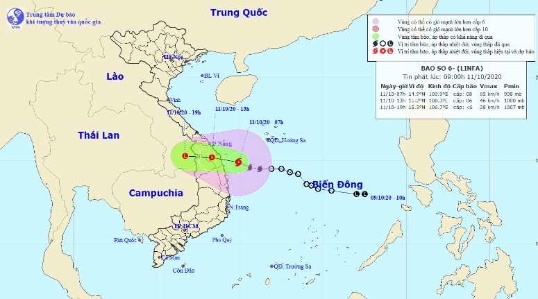 Vị trí và hướng di chuyển tiếp theo của bão số 6 – Linfa. Ảnh Trung tâm Dự báo KTTVQG.