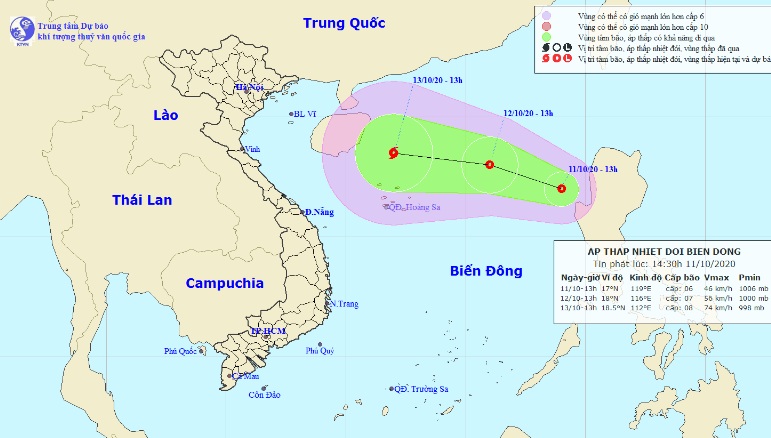 Vị trí và hướng di chuyển tiếp theo của áp thấp nhiệt đới trên Biển Đông. Ảnh Trung tâm Dự báo KTTVQG.