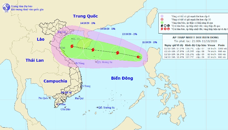 Vị trí và hướng di chuyển của áp thấp nhiệt đới trên Biển Đông. Ảnh Trung tâm Dự báo KTTVQG.