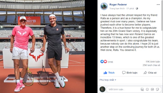 Federer "chơi đẹp" khi gửi lời chúc mừng đại kình địch Nadal sau chung kết Roland Garros 2020