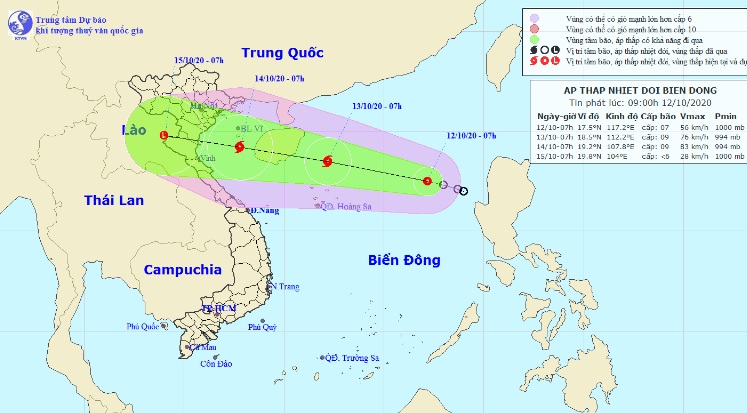 Vị trí và hướng di chuyển tiếp theo của áp thấp nhiệt đới. Ảnh Trung tâm Dự báo KTTVQG.