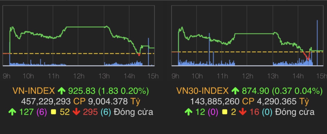 VN-Index tăng nhẹ 1,83 điểm (0,2%) lên 925,83 điểm.