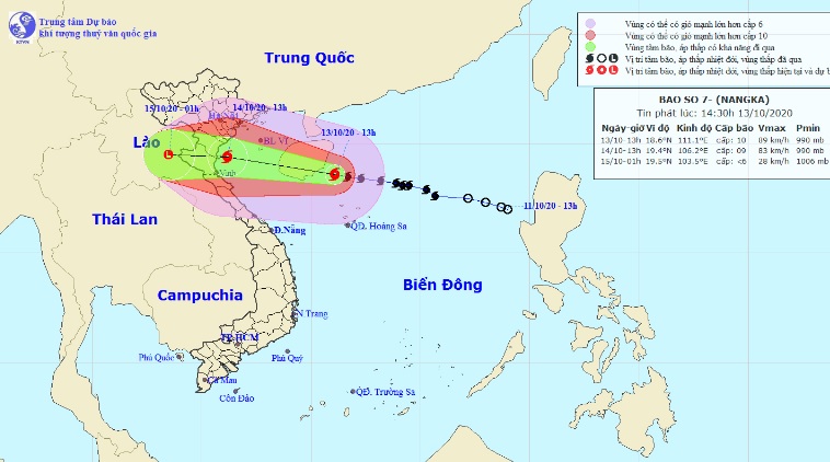 Vị trí và hướng di chuyển của bão số 7 trên Biển Đông. Ảnh Trung tâm Dự báo KTTVQG.