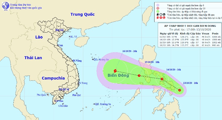 Một áp thấp nhiệt đới sắp đi vào Biển Đông và khả năng mạnh thành bão. Ảnh Trung tâm Dự báo KTTVQG.