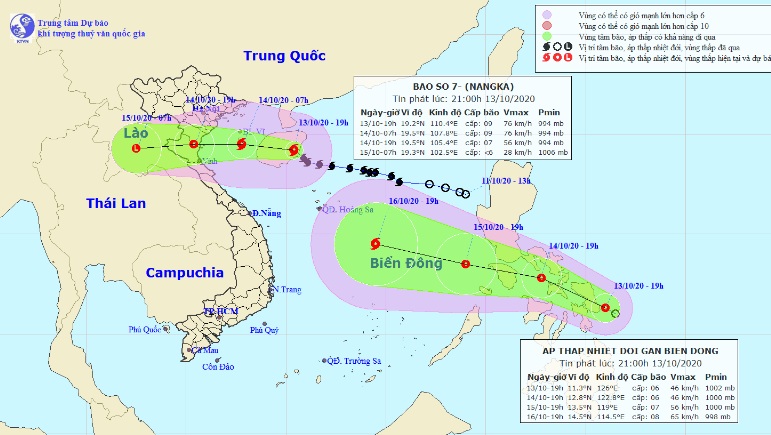 Vị trí và hướng di chuyển tiếp theo của bão số 7 và áp thấp nhiệt đới gần Biển Đông. Ảnh Trung tâm Dự báo KTTVQG.