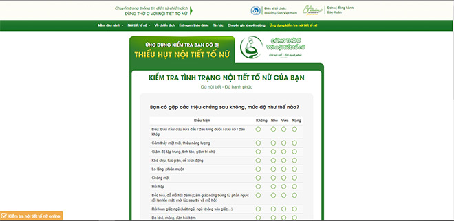 Giao diện Ứng dụng tự kiểm tra nội tiết tố nữ