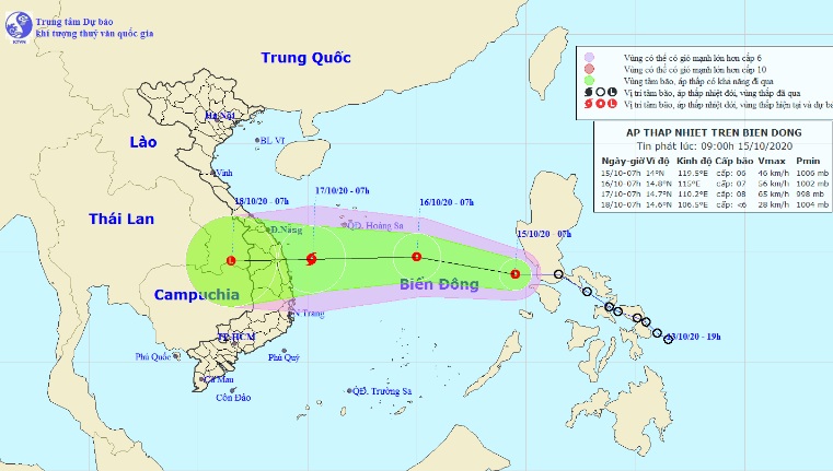Vị trí và hướng di chuyển tiếp theo của áp thấp nhiệt đới trên Biển Đông (Ảnh: Trung tâm Dự báo KTTVQG)