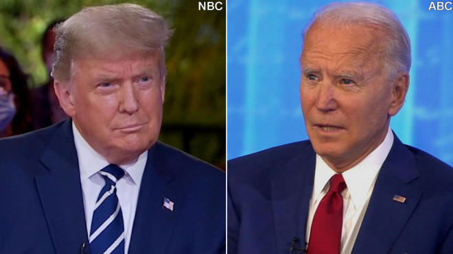 Tổng thống Donald Trump và ứng viên tổng thống Đảng Dân chủ Joe Biden đối đầu trong 2 phiên hỏi-đáp riêng biệt với cử tri tối 15-10. Ảnh: NBC, ABC